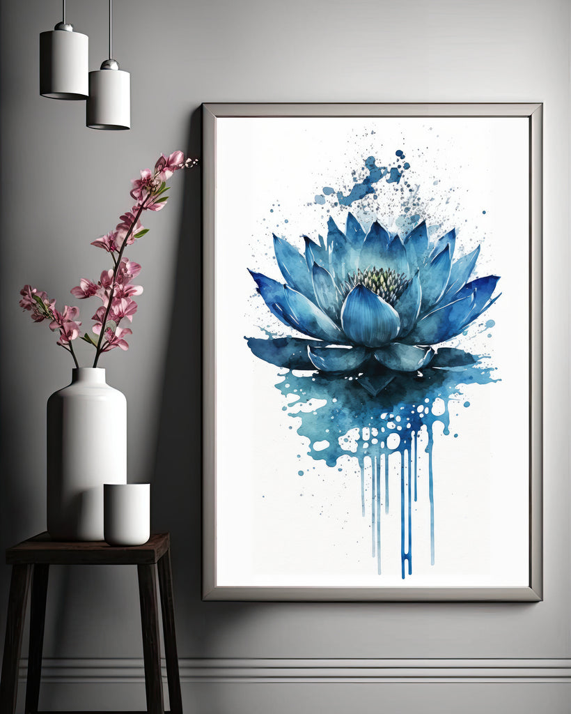 Blue Egyptian Lotus Flower Wall Art Water Lily Painting Print Nature Inspired Floral Watercolor Gift Relaxing Botanical Zen Decor