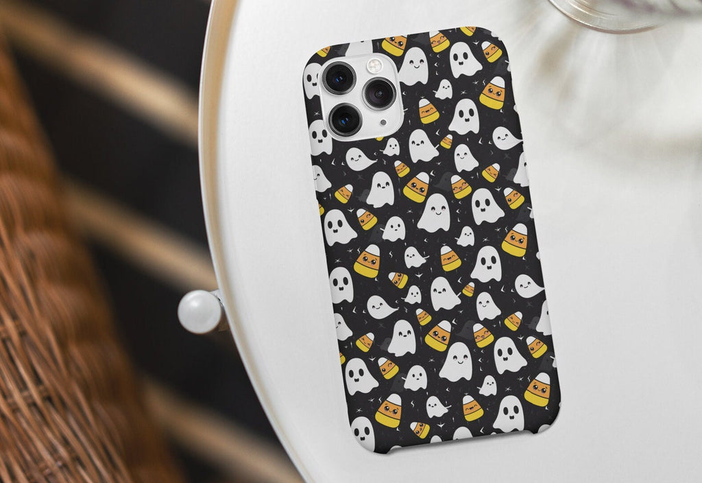 Halloween Kawaii Ghost Phone Case iPhone 14 13 12 11 Pro XR, Spooky Cute Candy Corn Hard Tough Protective Cover Case