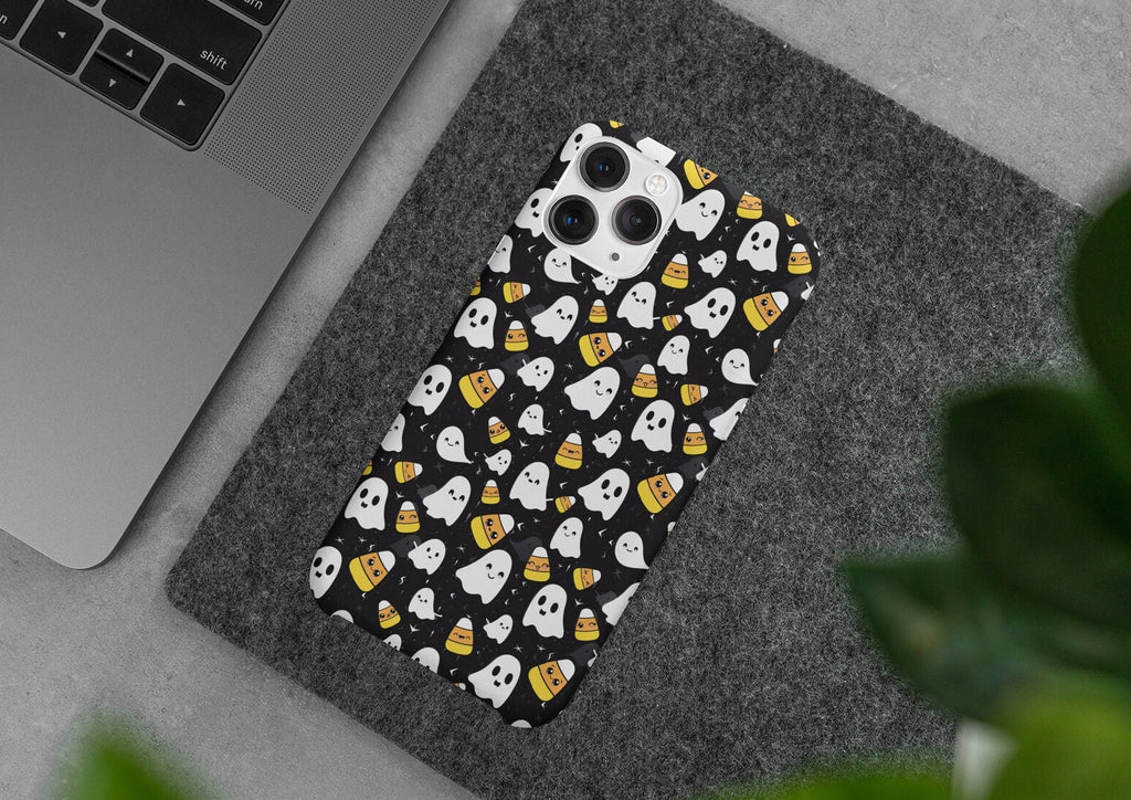 Halloween Kawaii Ghost Phone Case iPhone 14 13 12 11 Pro XR, Spooky Cute Candy Corn Hard Tough Protective Cover Case