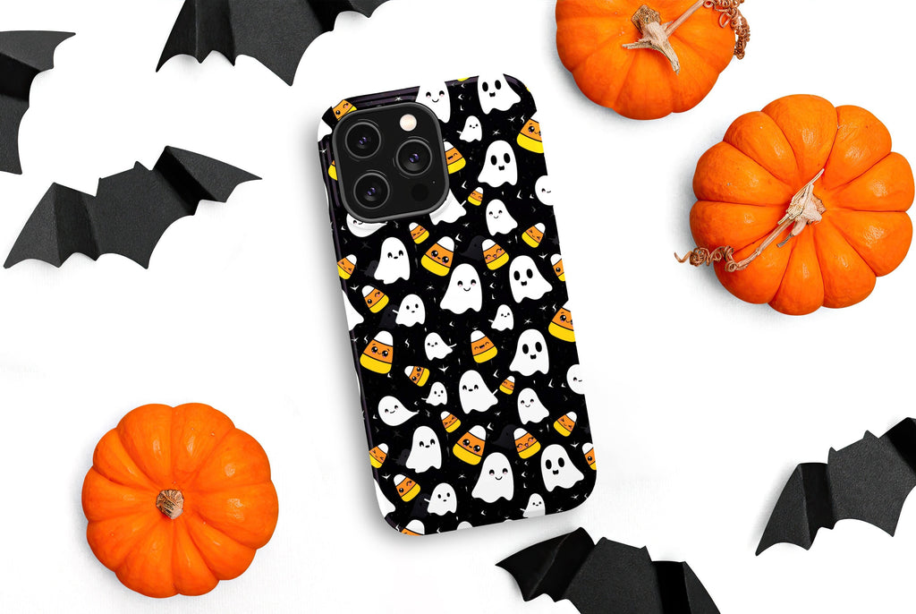 Halloween Kawaii Ghost Phone Case iPhone 14 13 12 11 Pro XR, Spooky Cute Candy Corn Hard Tough Protective Cover Case