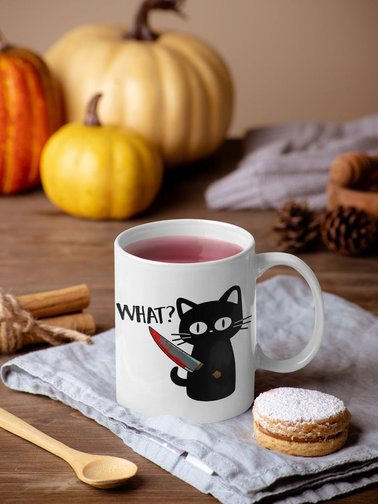 Funny Halloween Black Cat Ceramic Coffee Mug, Kawaii Murder Cat Meme, Funny Cute Cat Lover Gift For Her - 11oz