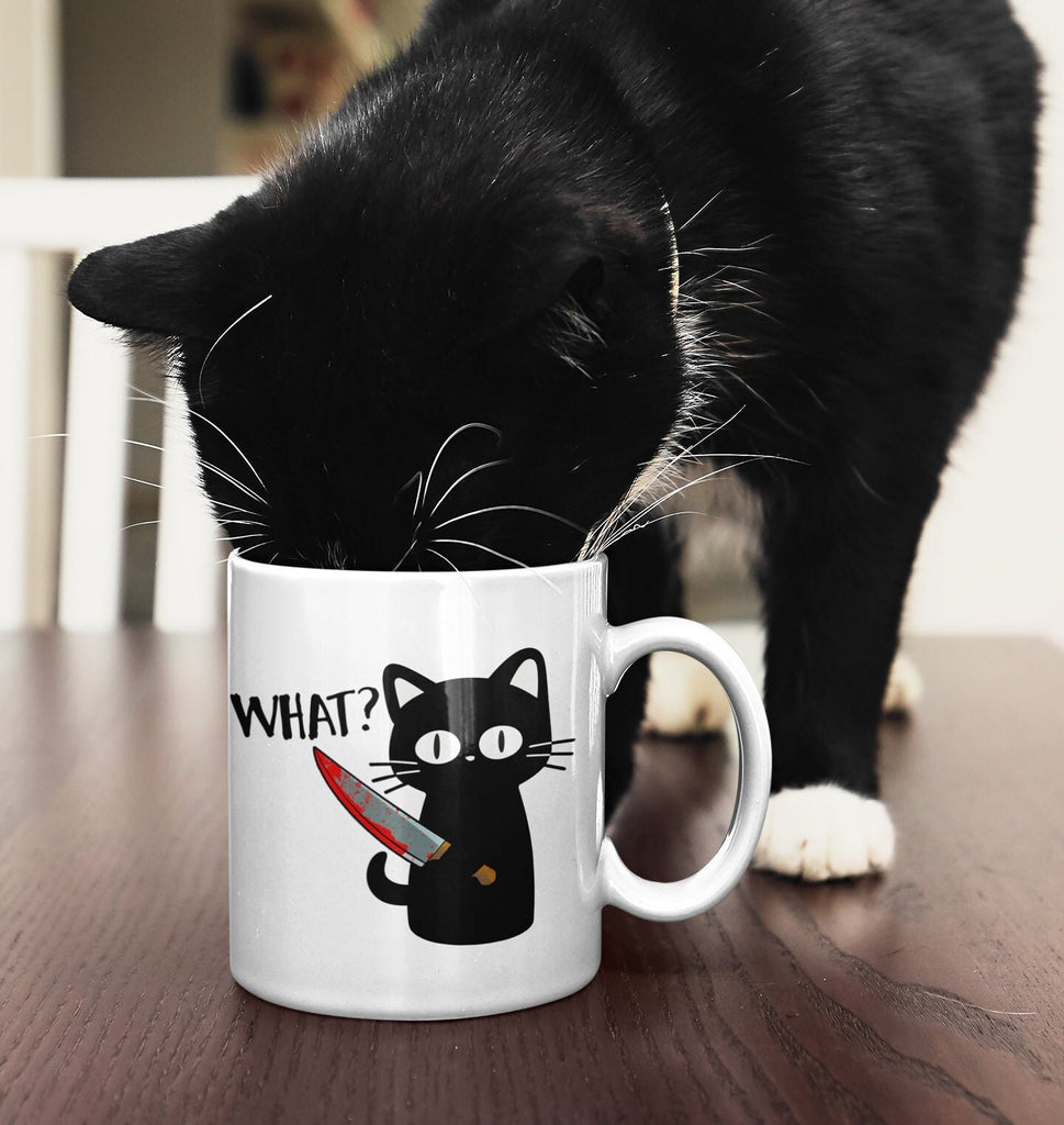 Funny Halloween Black Cat Ceramic Coffee Mug, Kawaii Murder Cat Meme, Funny Cute Cat Lover Gift For Her - 11oz