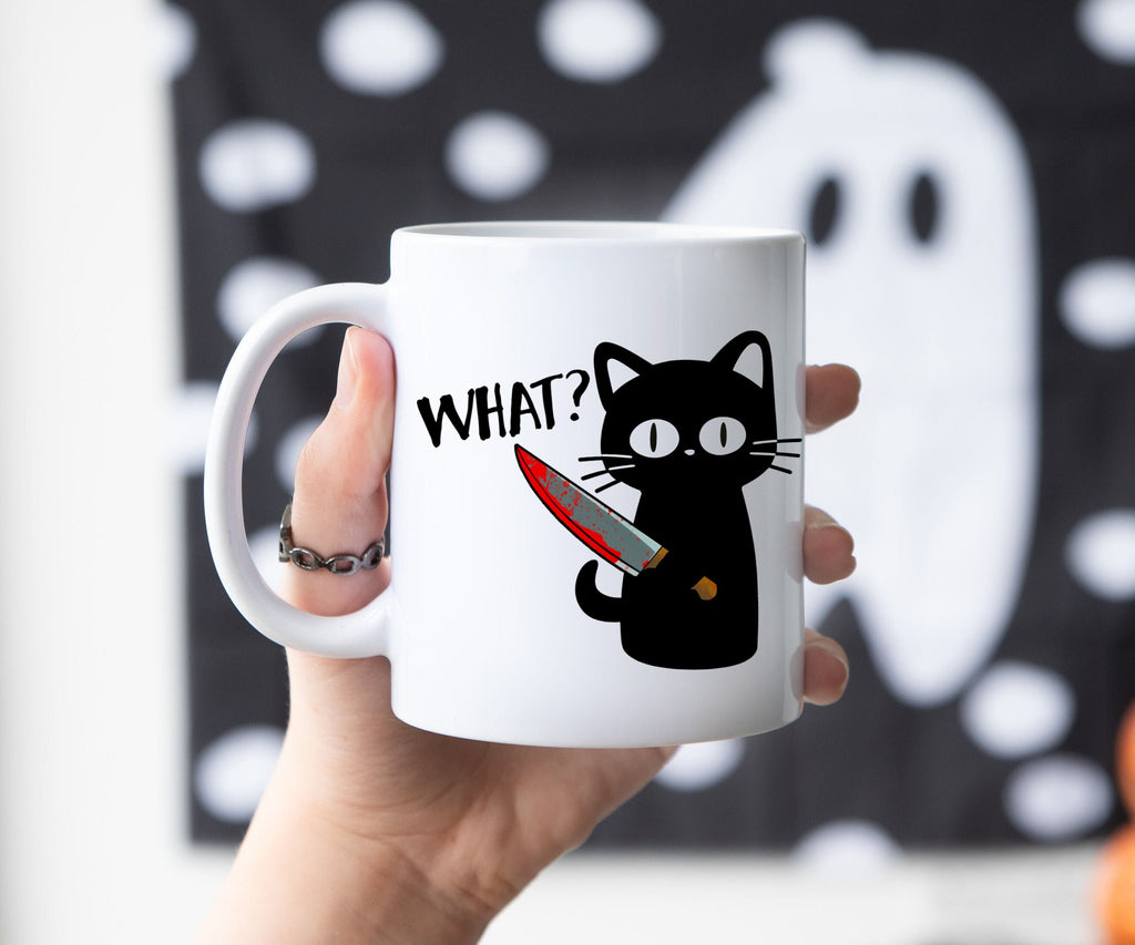 Funny Halloween Black Cat Ceramic Coffee Mug, Kawaii Murder Cat Meme, Funny Cute Cat Lover Gift For Her - 11oz