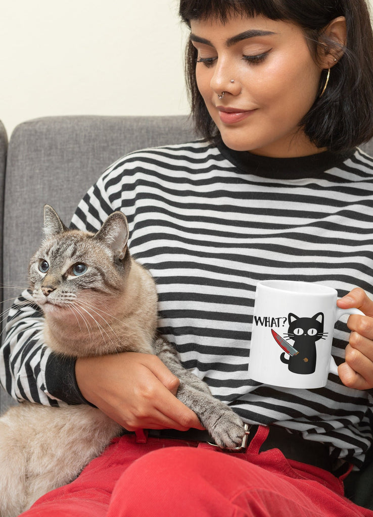 Funny Halloween Black Cat Ceramic Coffee Mug, Kawaii Murder Cat Meme, Funny Cute Cat Lover Gift For Her - 11oz