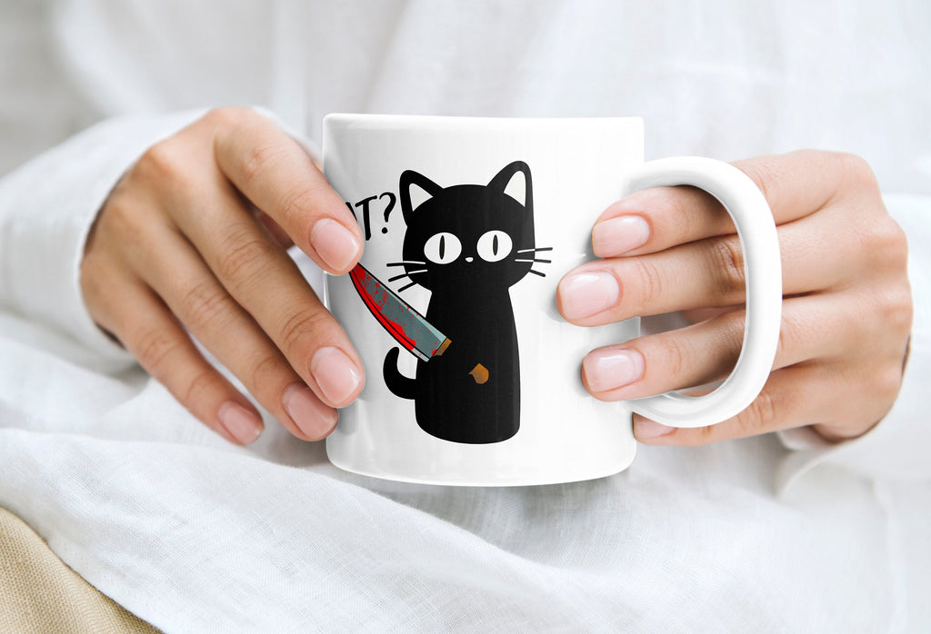 Funny Halloween Black Cat Ceramic Coffee Mug, Kawaii Murder Cat Meme, Funny Cute Cat Lover Gift For Her - 11oz