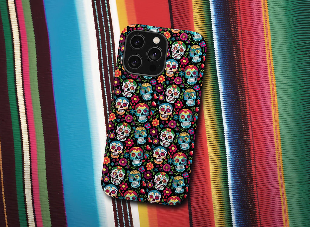 Day of the Dead Sugar Skull Phone Case, Día de los Muertos iPhone 14 13 12 11 Pro XR Case, Calavera Hard Tough Cover, Mexican Folk Art Gift