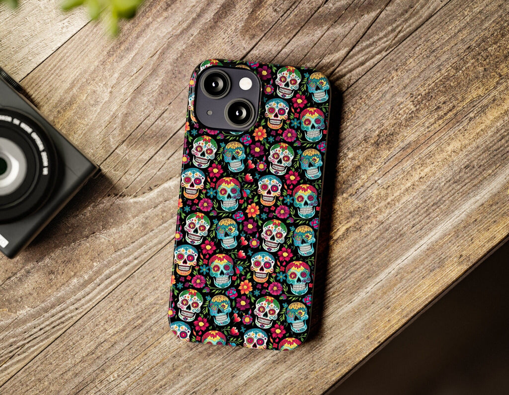 Day of the Dead Sugar Skull Phone Case, Día de los Muertos iPhone 14 13 12 11 Pro XR Case, Calavera Hard Tough Cover, Mexican Folk Art Gift