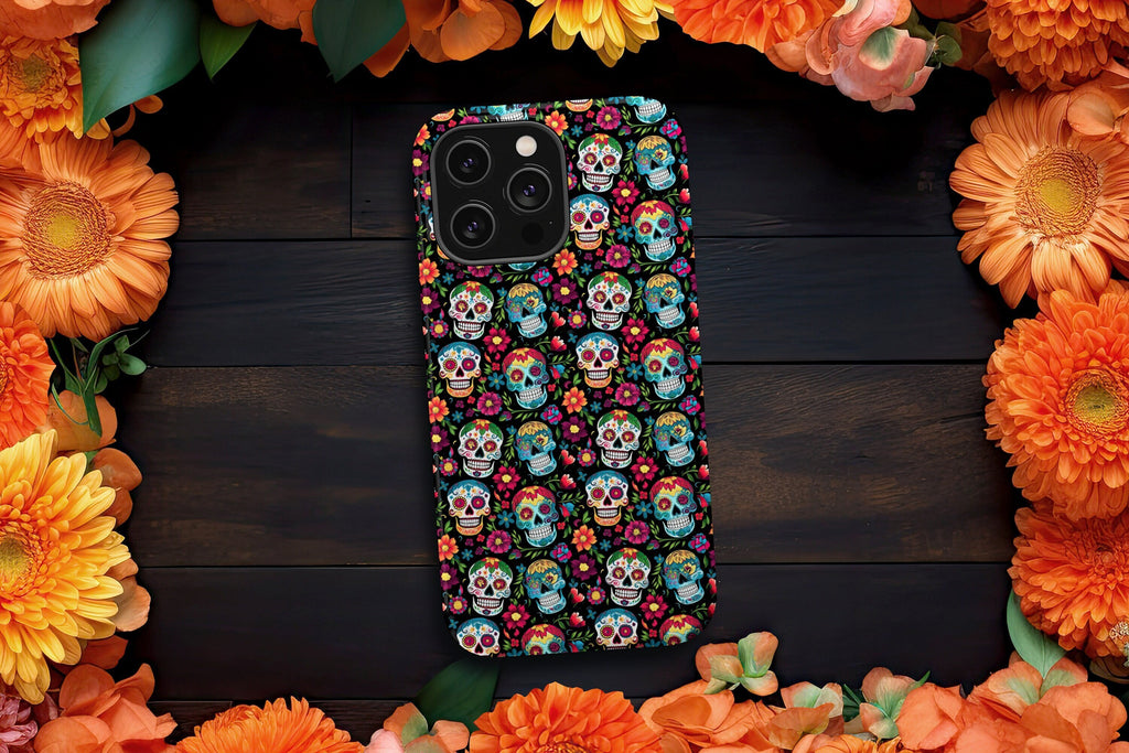 Day of the Dead Sugar Skull Phone Case, Día de los Muertos iPhone 14 13 12 11 Pro XR Case, Calavera Hard Tough Cover, Mexican Folk Art Gift