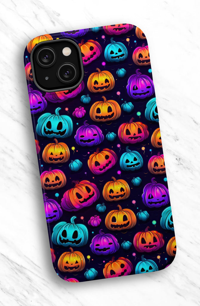 Halloween Spooky Neon Pumpkins iPhone Case 14 13 12 11 Pro XR, Seasonal iPhone Hard Tough Cover, Fall Lover Gift
