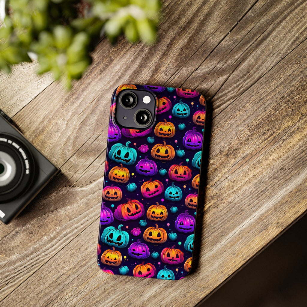 Halloween Spooky Neon Pumpkins iPhone Case 14 13 12 11 Pro XR, Seasonal iPhone Hard Tough Cover, Fall Lover Gift