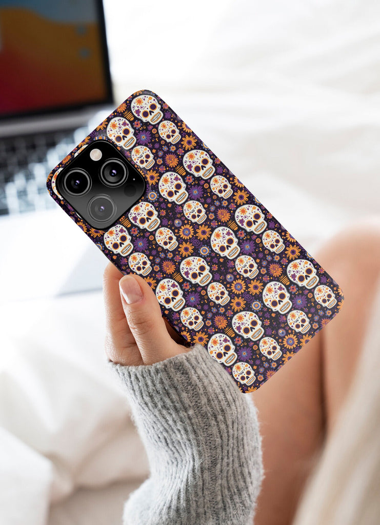 Day of the Dead Sugar Skull iPhone Case 14 13 12 11 Pro XR, Día de los Muertos Calavera, Hard Tough Cover, Mexican Folk Art Gift