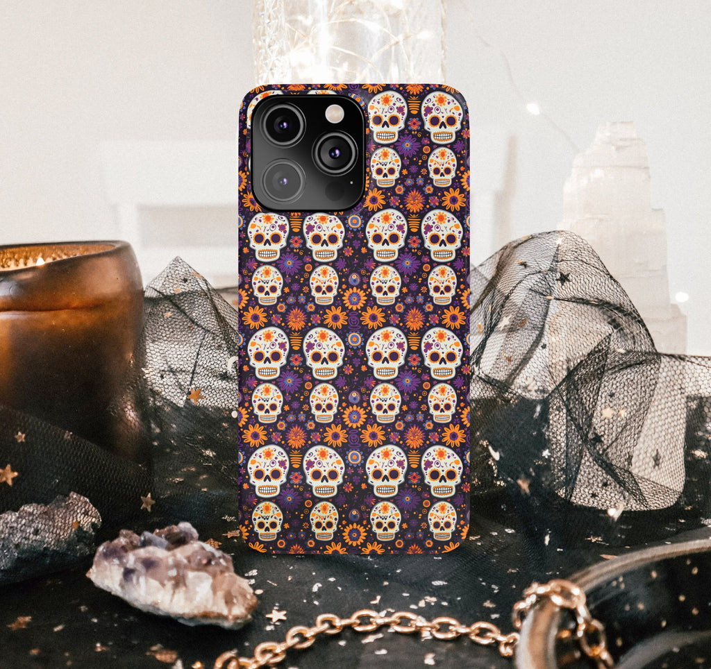 Day of the Dead Sugar Skull iPhone Case 14 13 12 11 Pro XR, Día de los Muertos Calavera, Hard Tough Cover, Mexican Folk Art Gift