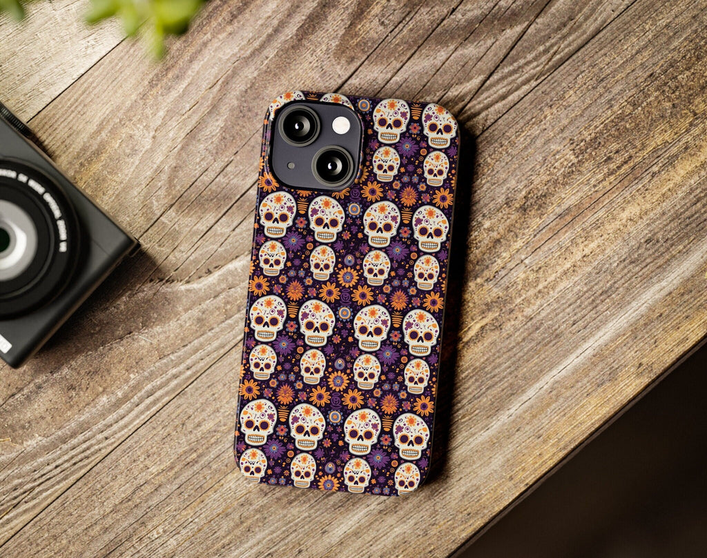 Day of the Dead Sugar Skull iPhone Case 14 13 12 11 Pro XR, Día de los Muertos Calavera, Hard Tough Cover, Mexican Folk Art Gift
