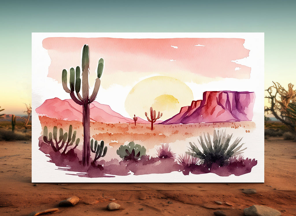 Minimalist Sonoran Desert Sunset Cactus Wall Art Southwest Nature Inspired Watercolor Print Western Decor Southwestern Landscape Painting