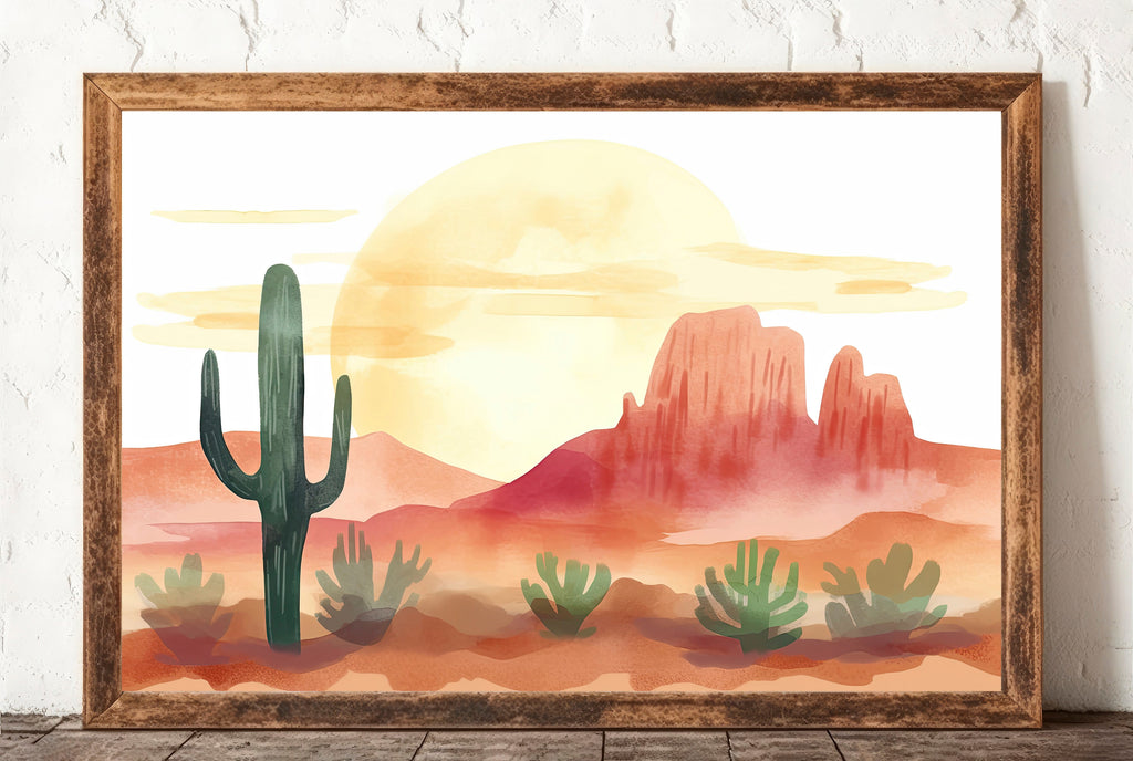 Minimalist Sonoran Desert Sunset Cactus Wall Art Southwest Nature Inspired Watercolor Print Western Decor Southwestern Landscape Painting