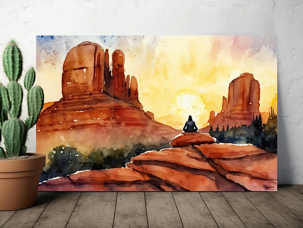 Watercolor Sedona Arizona Sunset Meditation Art Print Southwest Wall Art Landscape Gift Desert Home Western Decor