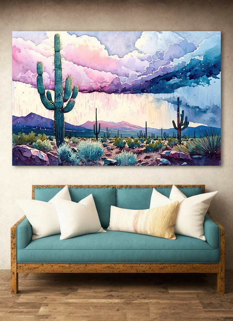 Sonoran Desert Rainy Sunset Cactus Wall Art Print Southwest Nature Inspired Watercolor Western Decor Southwestern Landscape Painting