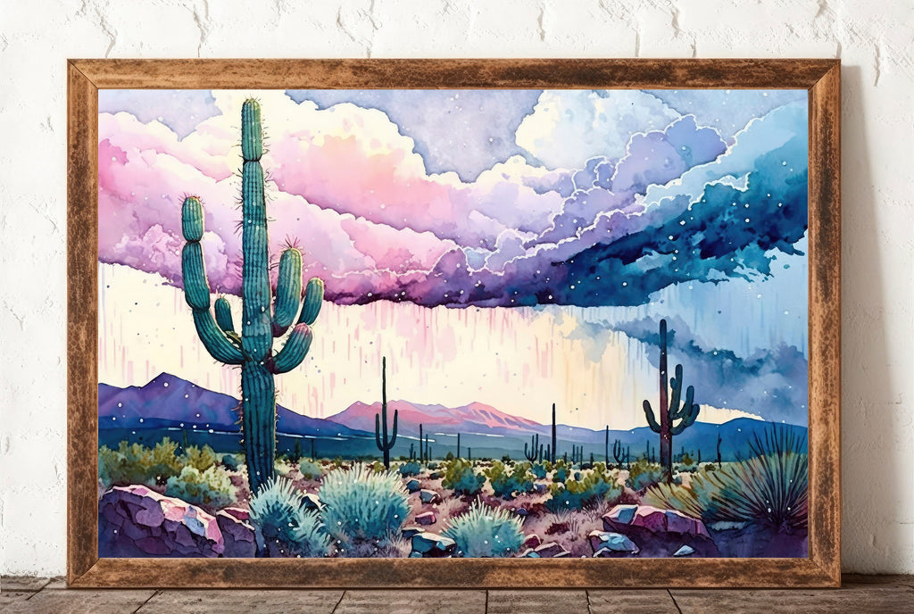 Sonoran Desert Rainy Sunset Cactus Wall Art Print Southwest Nature Inspired Watercolor Western Decor Southwestern Landscape Painting