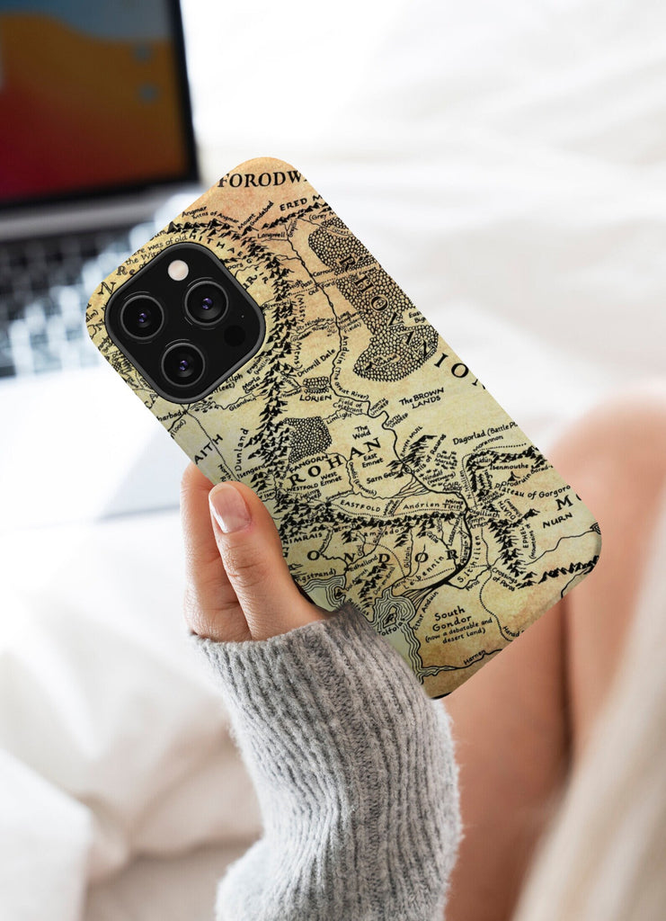 Lord of the Rings Middle Earth iPhone Case 14 13 12 11 Pro XR, LOTR Map Hard Tough Cover, Tolkien Fantasy Gift