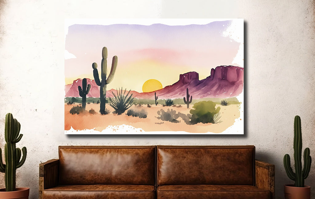 Minimalist Sonoran Desert Sunset Cactus Wall Art Southwest Nature Inspired Watercolor Print Western Decor Southwestern Landscape Painting