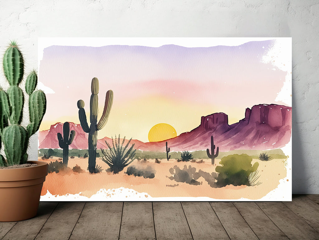 Minimalist Sonoran Desert Sunset Cactus Wall Art Southwest Nature Inspired Watercolor Print Western Decor Southwestern Landscape Painting