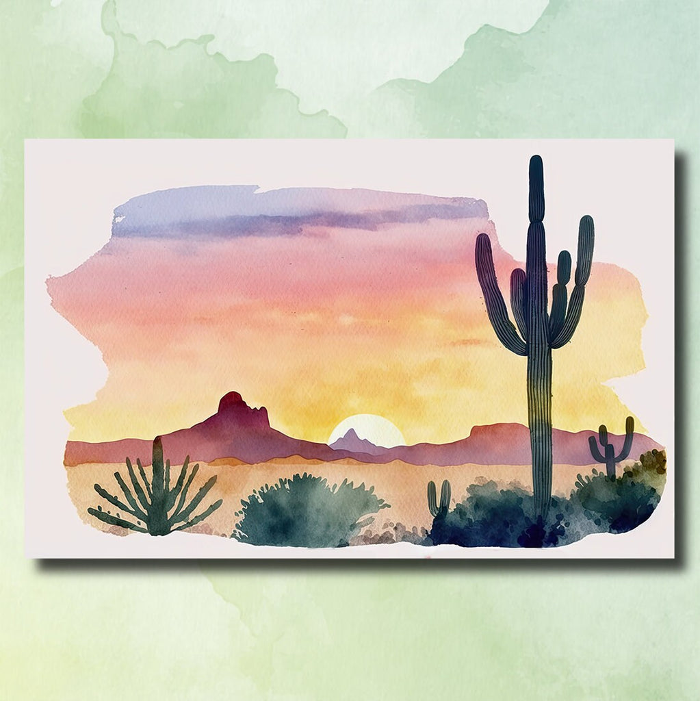 Minimalist Sonoran Desert Sunset Cactus Wall Art Southwest Nature Inspired Watercolor Print Western Decor Southwestern Landscape Painting