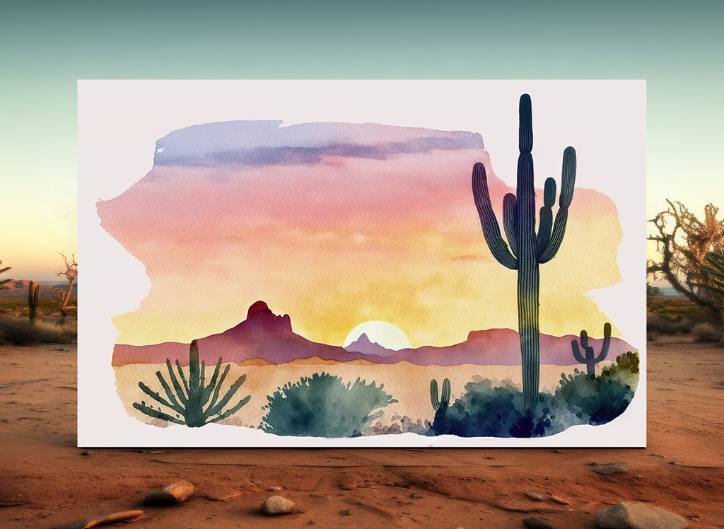 Minimalist Sonoran Desert Sunset Cactus Wall Art Southwest Nature Inspired Watercolor Print Western Decor Southwestern Landscape Painting