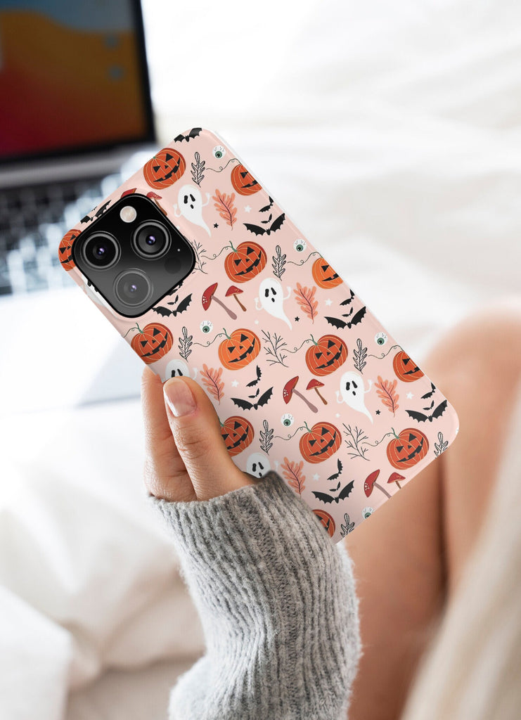 Halloween Ghosts Jack o Lantern iPhone Case 14 13 12 11 Pro XR, Spooky Cute Hard Tough Protective Cover Case