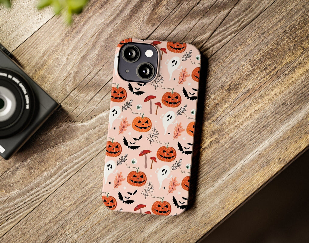 Halloween Ghosts Jack o Lantern iPhone Case 14 13 12 11 Pro XR, Spooky Cute Hard Tough Protective Cover Case