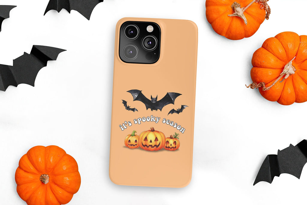 Halloween Spooky Season iPhone Case 14 13 12 11 Pro XR, Bat and Jack o Lantern Pumpkins, Hard Tough Protective Cover Case