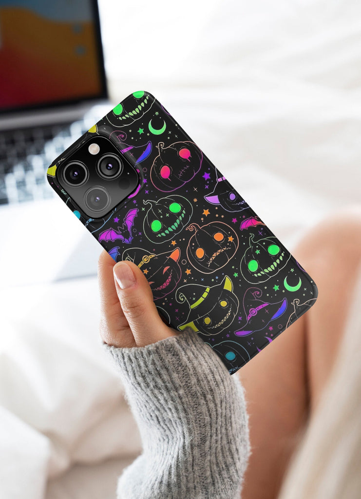 Halloween Spooky Neon Pumpkins iPhone Case 14 13 12 11 Pro XR, Seasonal iPhone Hard Tough Cover, Fall Lover Gift