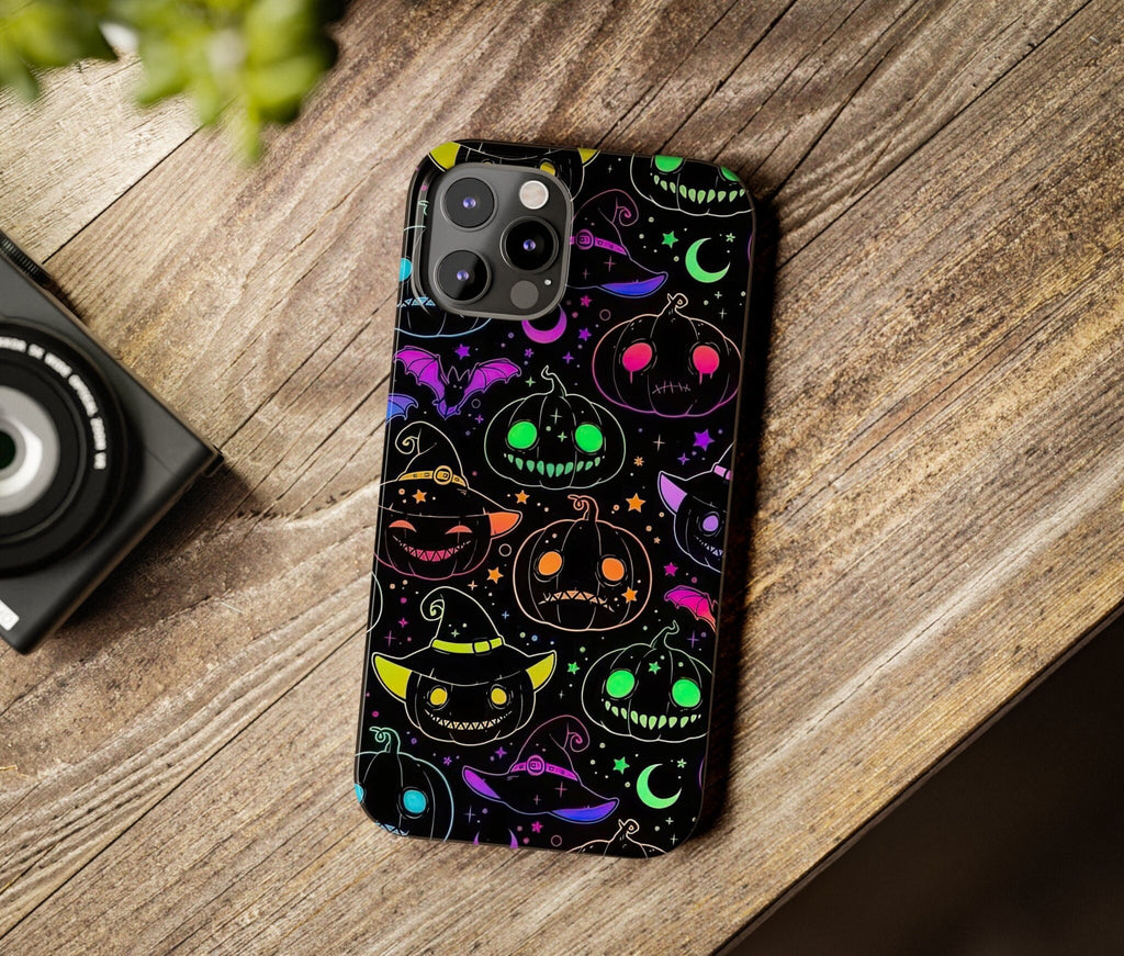 Halloween Spooky Neon Pumpkins iPhone Case 14 13 12 11 Pro XR, Seasonal iPhone Hard Tough Cover, Fall Lover Gift