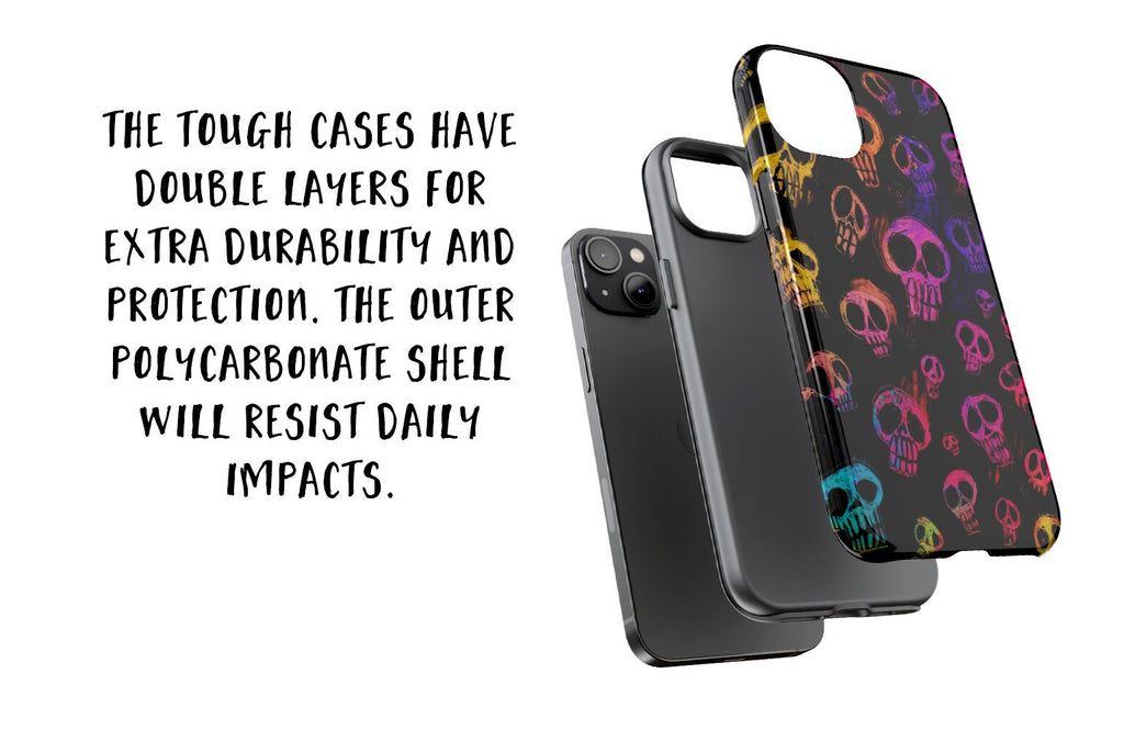 Halloween Spooky Neon Skeleton Skulls iPhone Case 14 13 12 11 Pro XR, Seasonal iPhone Hard Tough Cover, Gothic Fall Lover Gift