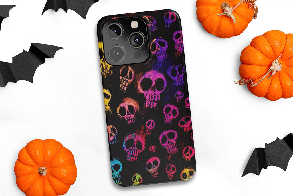 Halloween Spooky Neon Skeleton Skulls iPhone Case 14 13 12 11 Pro XR, Seasonal iPhone Hard Tough Cover, Gothic Fall Lover Gift