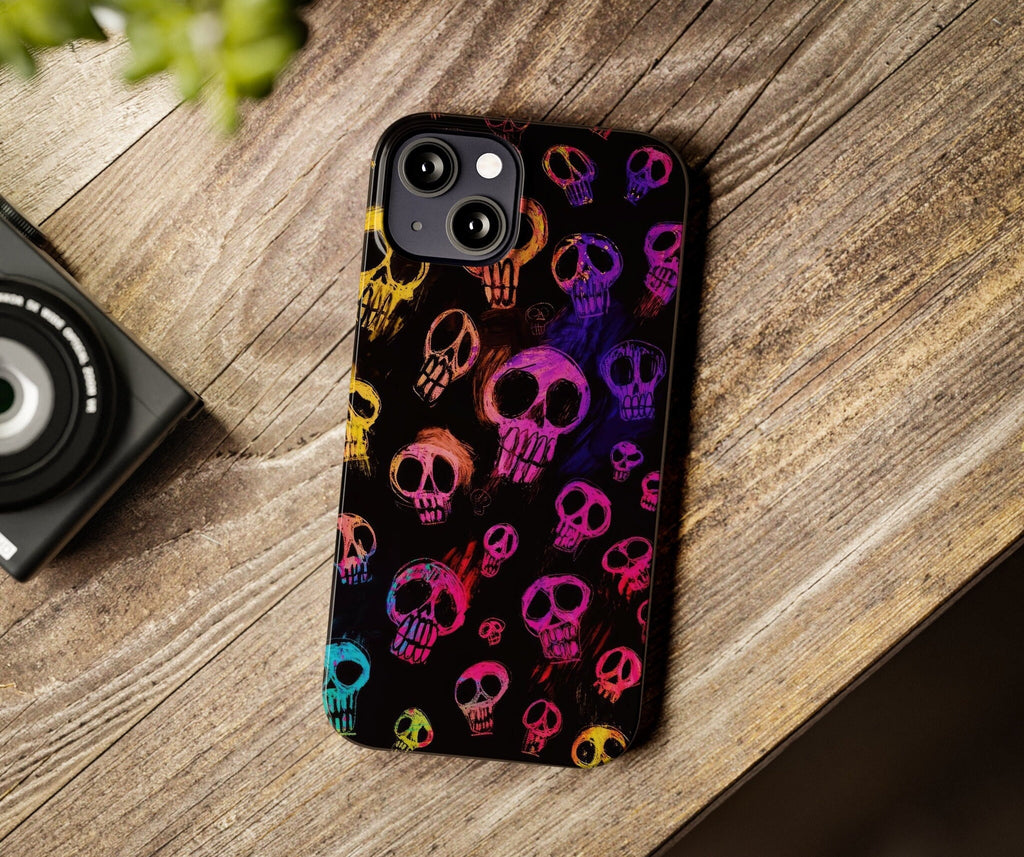 Halloween Spooky Neon Skeleton Skulls iPhone Case 14 13 12 11 Pro XR, Seasonal iPhone Hard Tough Cover, Gothic Fall Lover Gift
