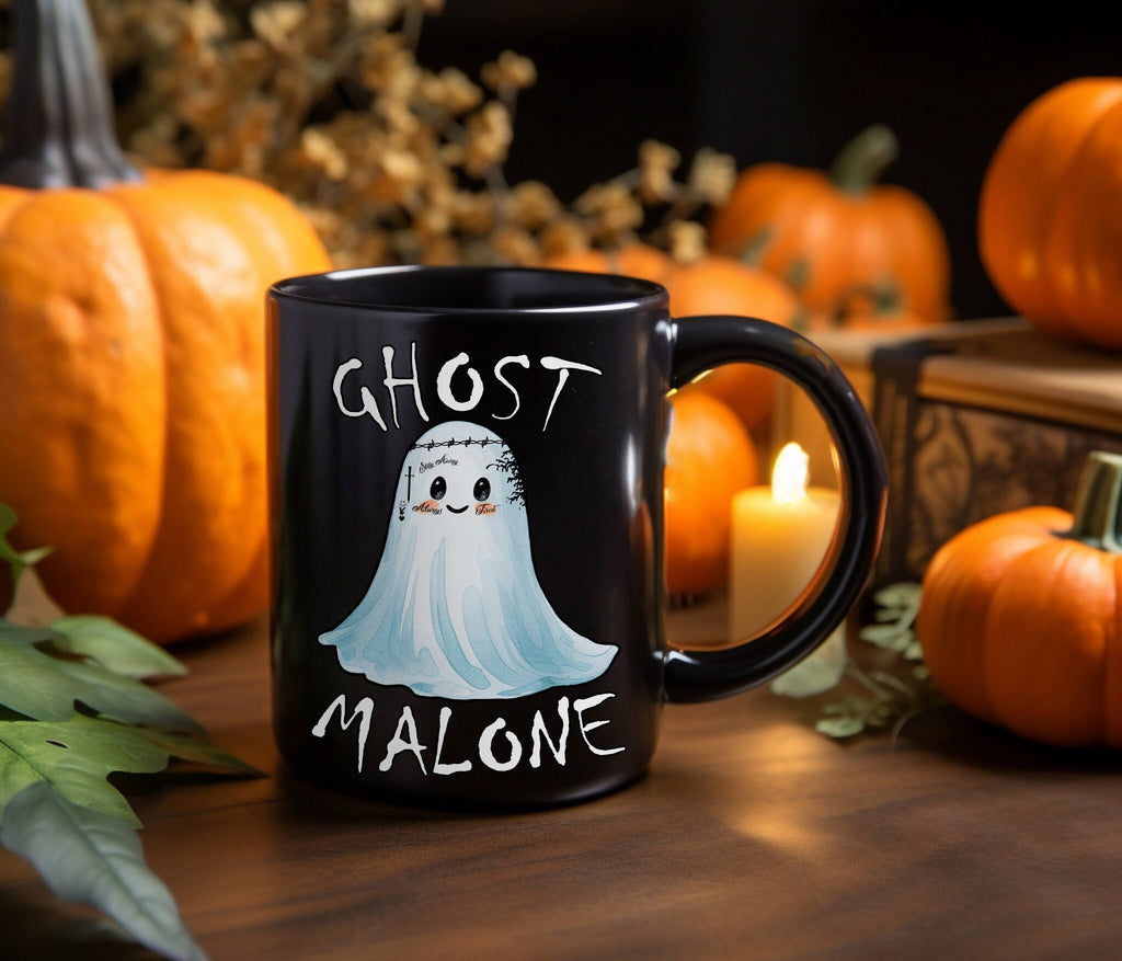 Ghost Malone Kawaii Halloween Coffee Mug, Spooky Cute Meme Ceramic Drinking Cup, Ghost Graphic Clipart Mug in White or Black - 11oz