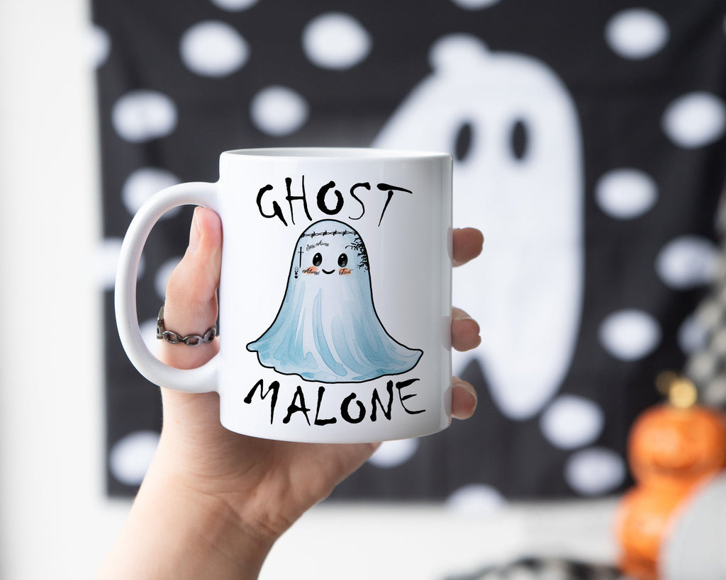 Ghost Malone Kawaii Halloween Coffee Mug, Spooky Cute Meme Ceramic Drinking Cup, Ghost Graphic Clipart Mug in White or Black - 11oz