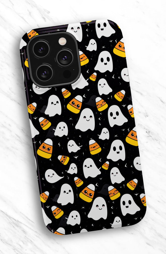 Halloween Kawaii Ghost Phone Case iPhone 14 13 12 11 Pro XR, Spooky Cute Candy Corn Hard Tough Protective Cover Case