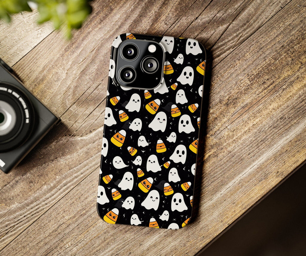 Halloween Kawaii Ghost Phone Case iPhone 14 13 12 11 Pro XR, Spooky Cute Candy Corn Hard Tough Protective Cover Case