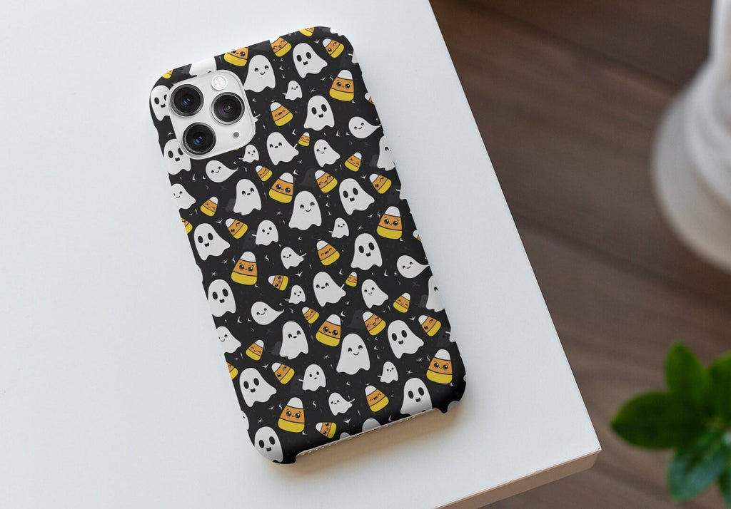 Halloween Kawaii Ghost Phone Case iPhone 14 13 12 11 Pro XR, Spooky Cute Candy Corn Hard Tough Protective Cover Case