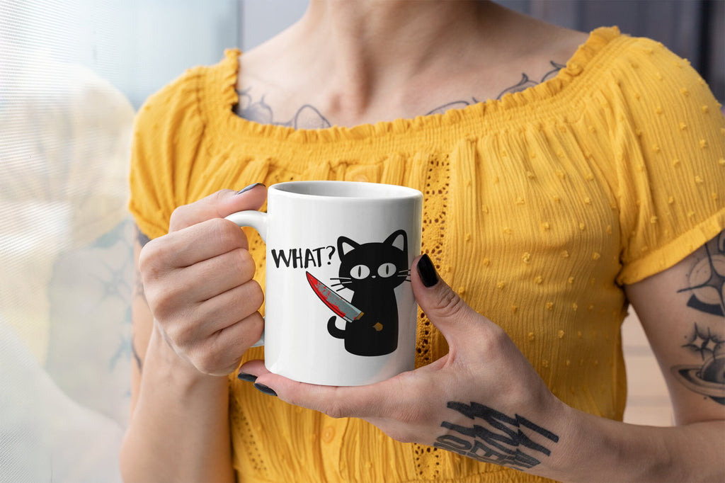 Funny Halloween Black Cat Ceramic Coffee Mug, Kawaii Murder Cat Meme, Funny Cute Cat Lover Gift For Her - 11oz