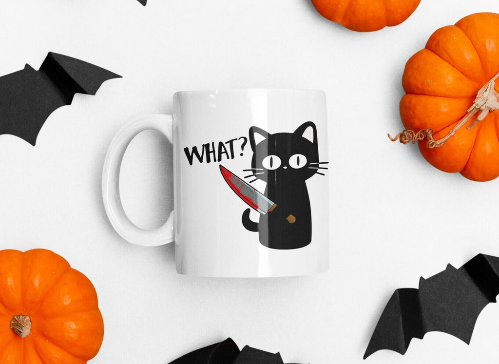 Funny Halloween Black Cat Ceramic Coffee Mug, Kawaii Murder Cat Meme, Funny Cute Cat Lover Gift For Her - 11oz