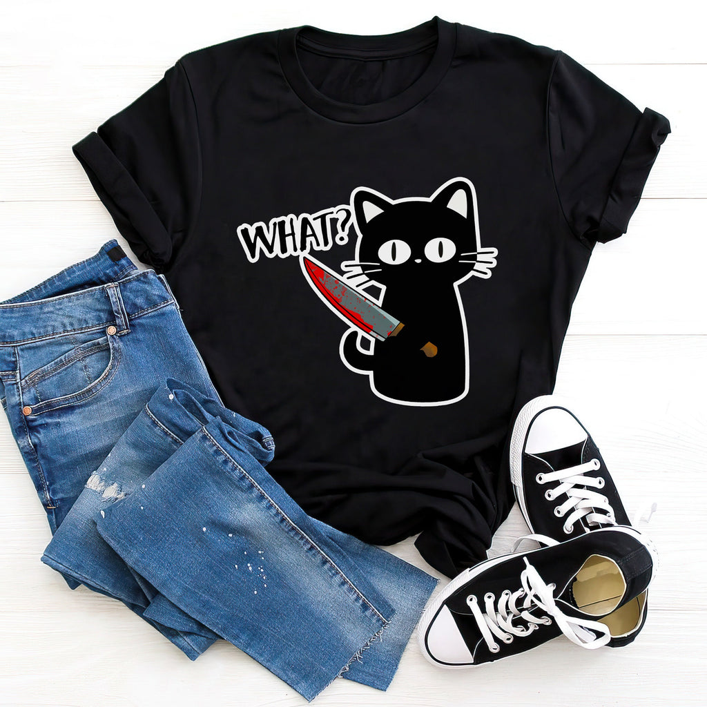 Funny Murder Cat Halloween Shirt, Meme Crewneck Sweatshirt Sweater Costume, Black Cat Graphic Tee, Cat Lover Gift For Her