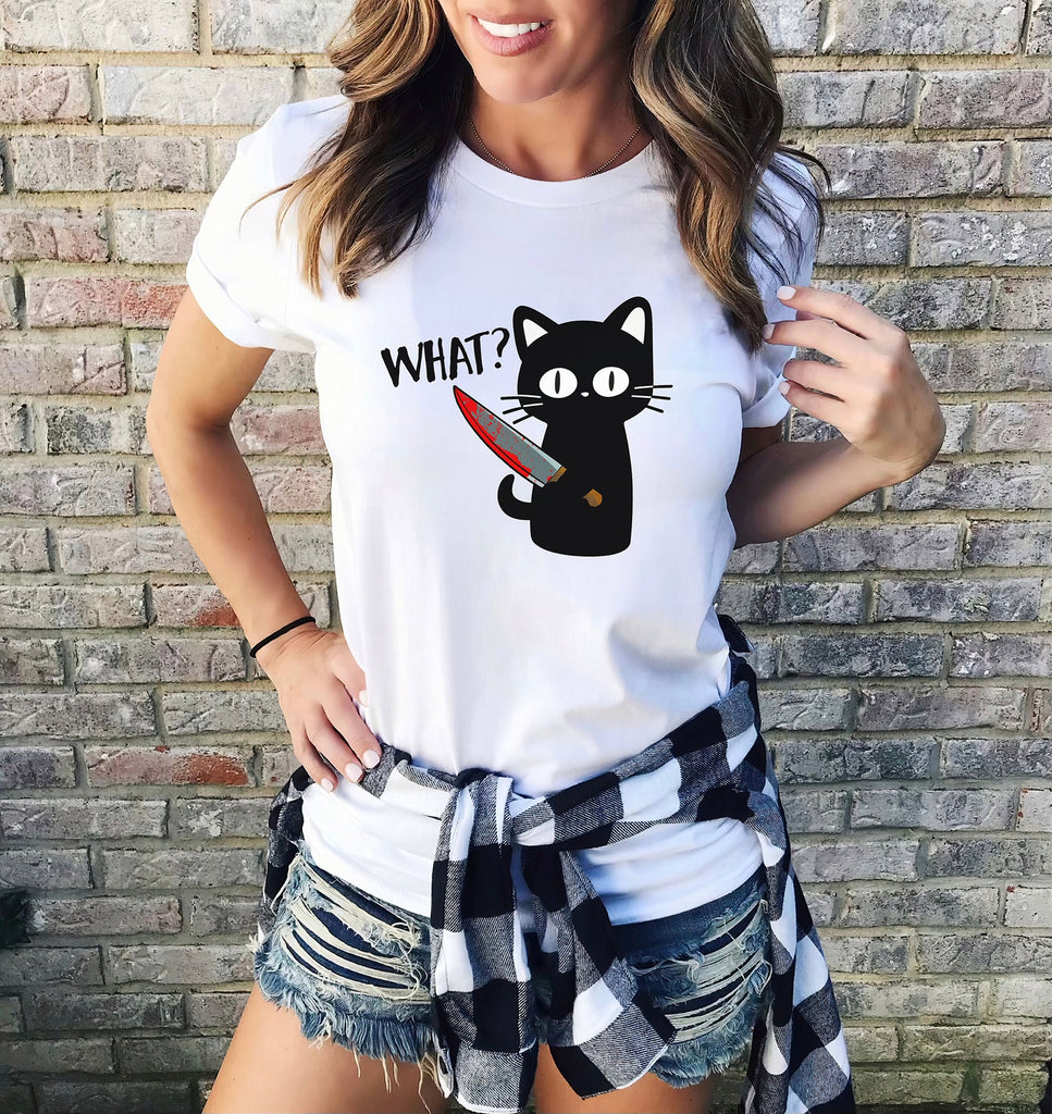 Funny Murder Cat Halloween Shirt, Meme Crewneck Sweatshirt Sweater Costume, Black Cat Graphic Tee, Cat Lover Gift For Her