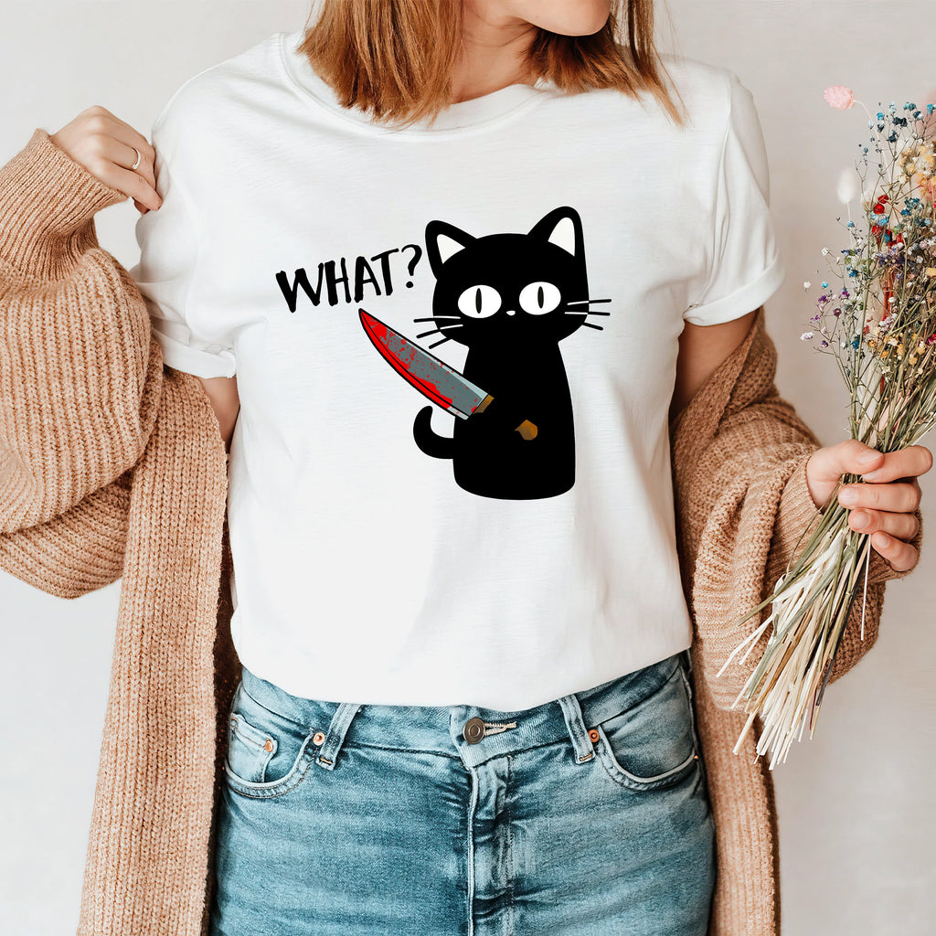 Funny Murder Cat Halloween Shirt, Meme Crewneck Sweatshirt Sweater Costume, Black Cat Graphic Tee, Cat Lover Gift For Her