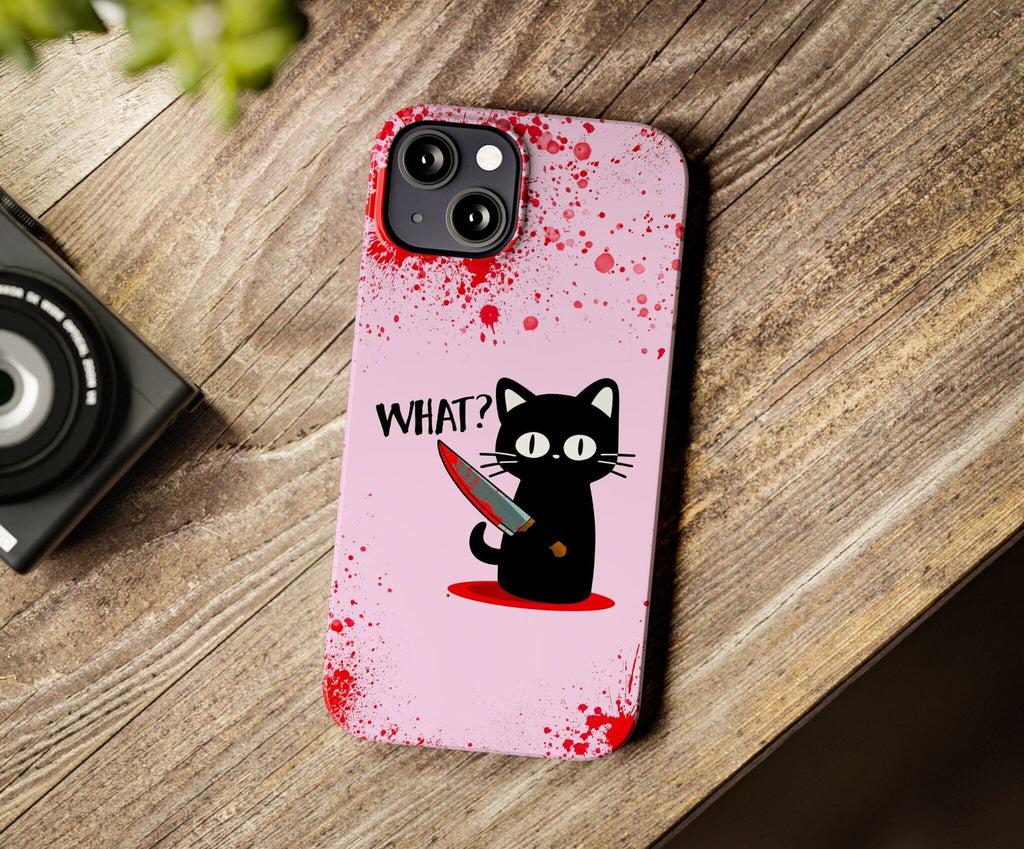 Murder Cat Custom Halloween iPhone Case 14 13 12 11 Pro XR Case, Funny Black Cat Meme, Hard Tough Cover, Cat Lover Gift For Her