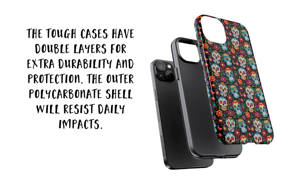 Day of the Dead Sugar Skull Phone Case, Día de los Muertos iPhone 14 13 12 11 Pro XR Case, Calavera Hard Tough Cover, Mexican Folk Art Gift