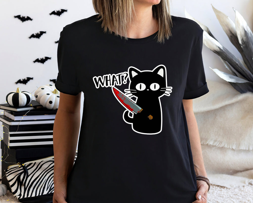 Funny Murder Cat Halloween Shirt, Meme Crewneck Sweatshirt Sweater Costume, Black Cat Graphic Tee, Cat Lover Gift For Her