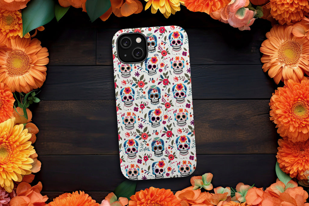 Day of the Dead Sugar Skull Phone Case, Día de los Muertos iPhone 14 13 12 11 Pro XR Case, Calavera Hard Tough Cover, Mexican Folk Art Gift