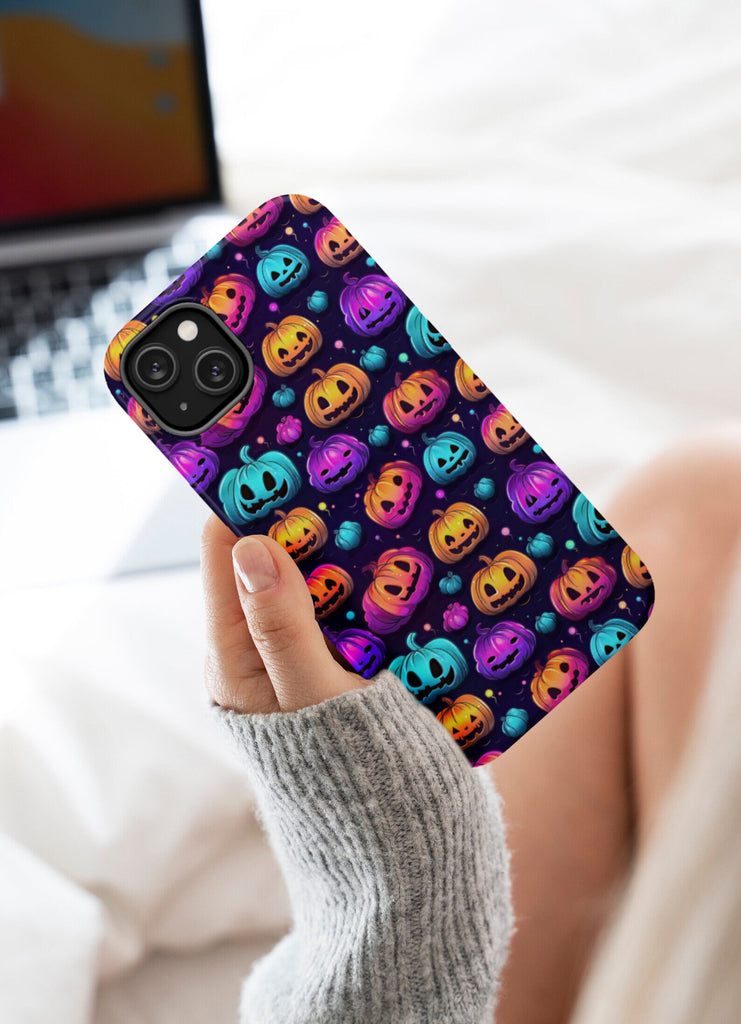 Halloween Spooky Neon Pumpkins iPhone Case 14 13 12 11 Pro XR, Seasonal iPhone Hard Tough Cover, Fall Lover Gift